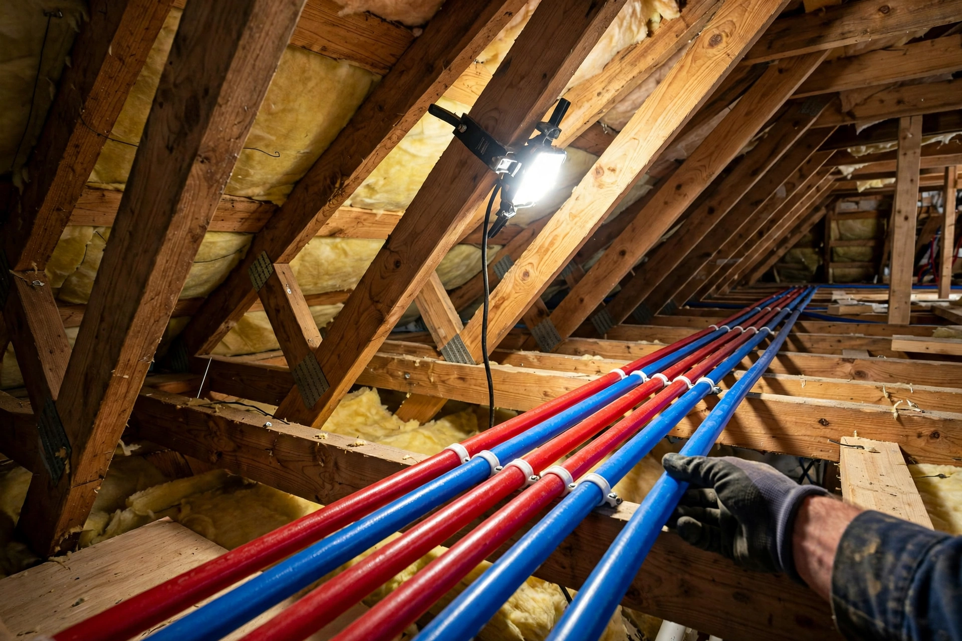 New PEX lines rerouted overhead to bypass a leaking under-slab pipe