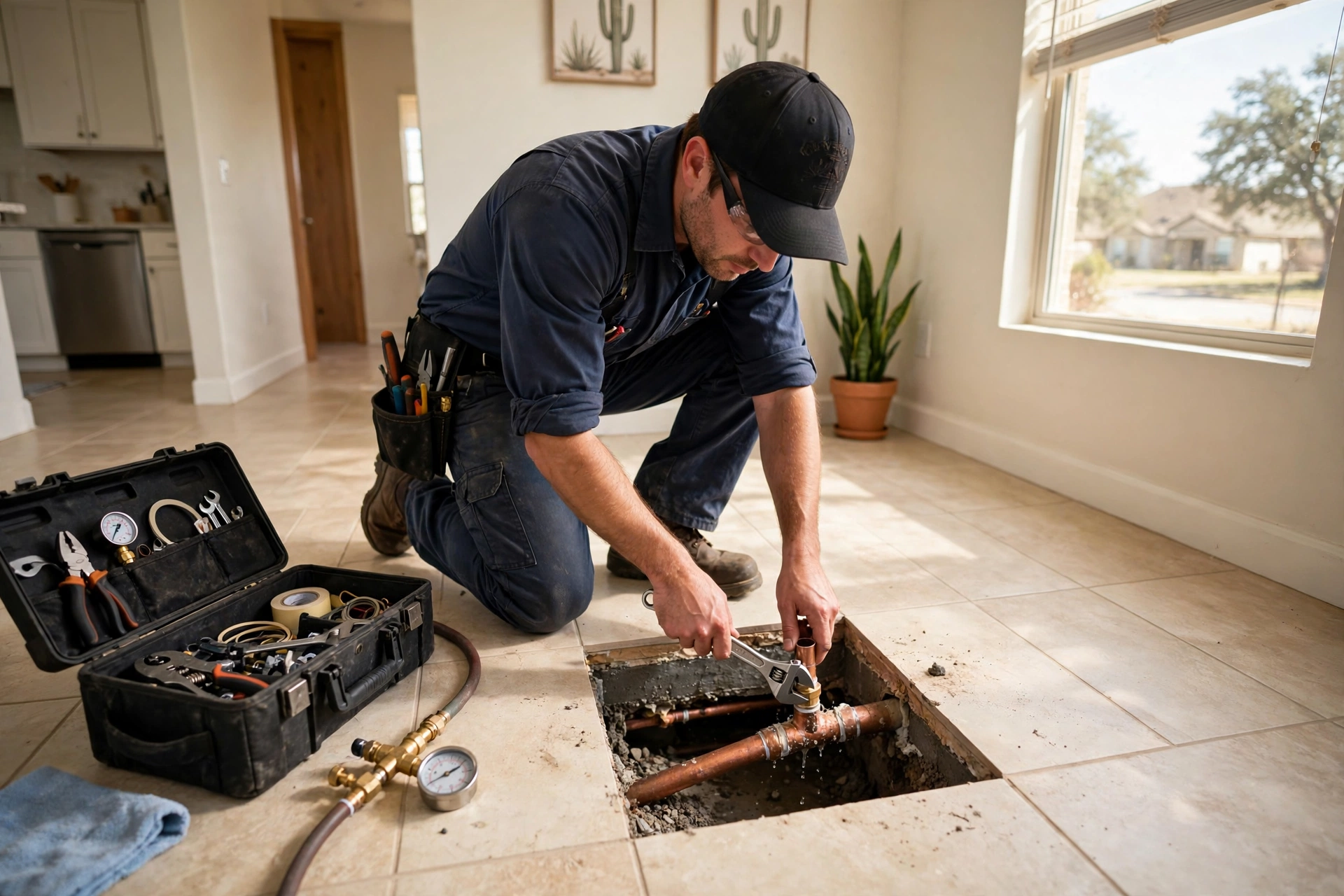 Slab leak repair underway in a Little Elm area home
