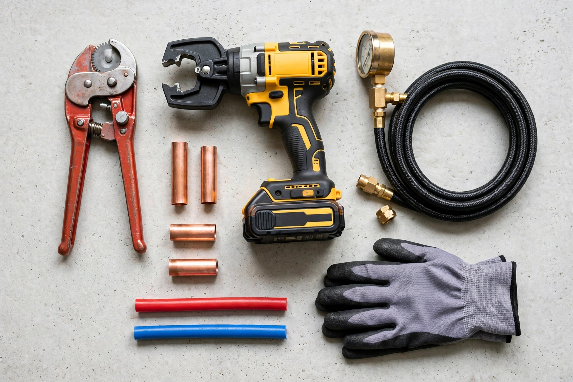 Tools laid out for an under-slab pipe repair