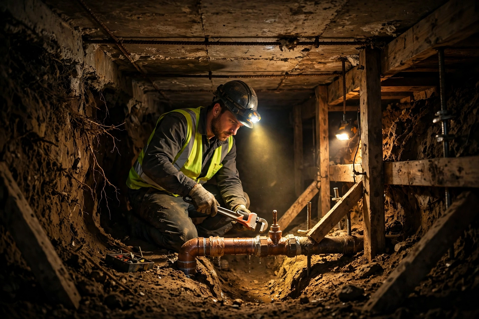 Tunneling beneath a slab to reach an under-slab pipe for repair