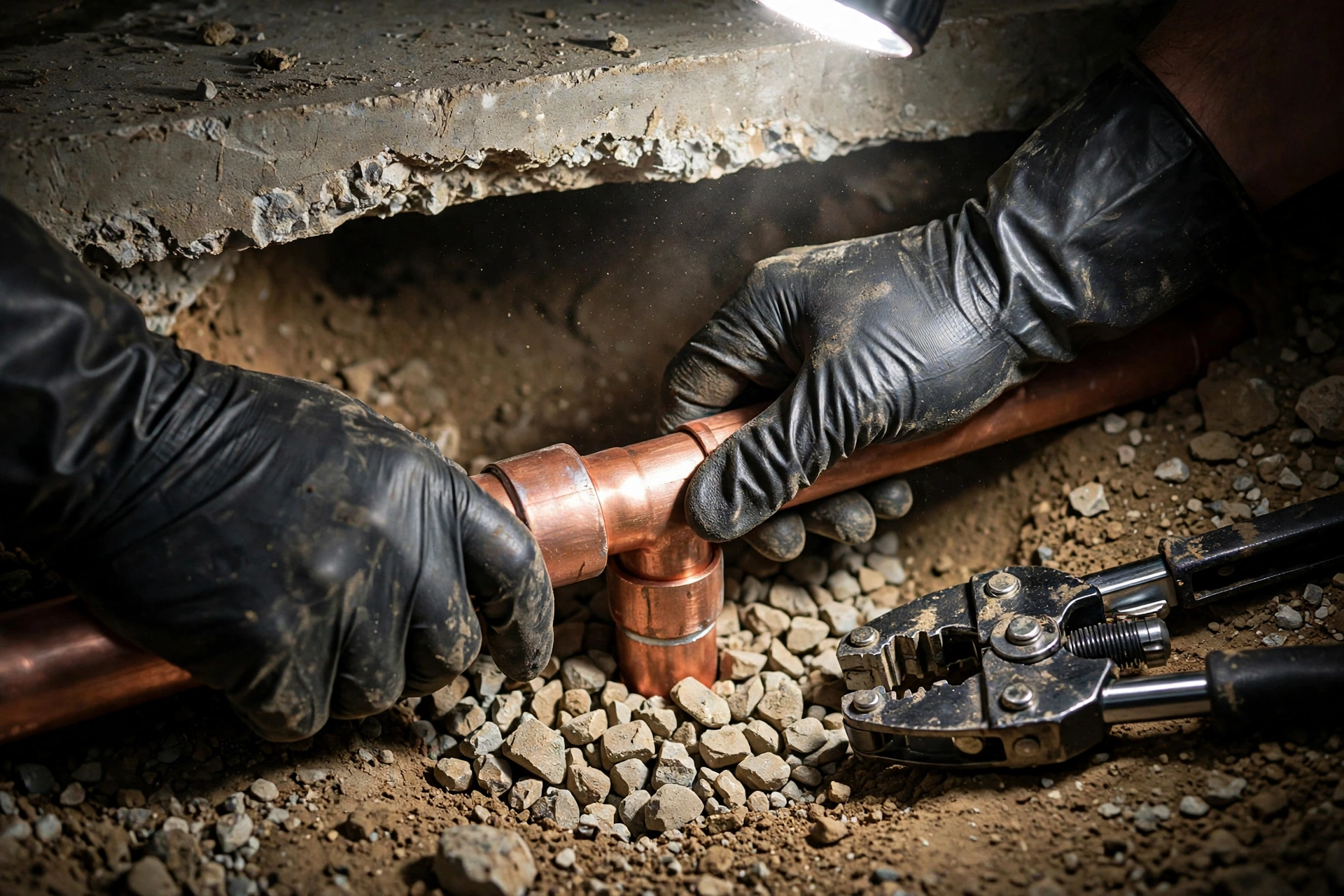 Under-slab pipe repair in progress in a North Texas home